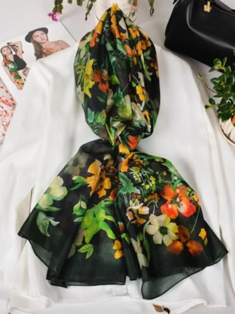 100% Mulberry Silk Scarf 69x43 Floral Long Shawl Wraps Office Wear Travel Photo